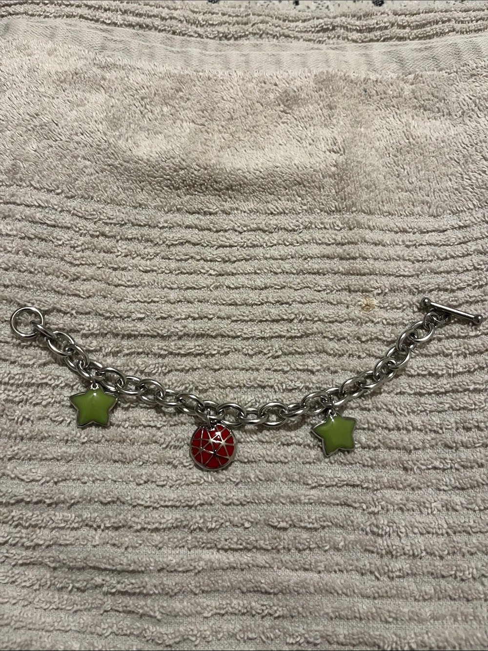 Silver Charm Bracelet with Lime Stars and Red Enamel Charm